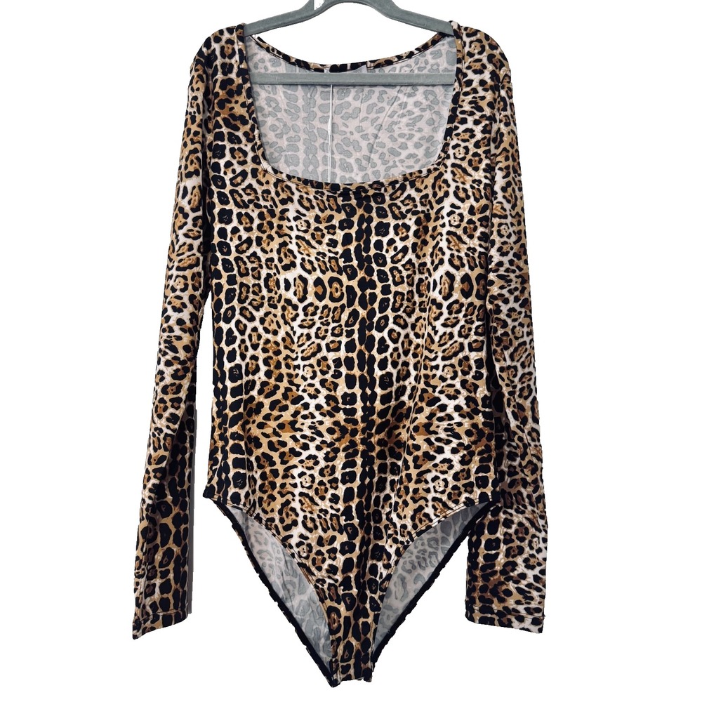 MANGOPop Leopard Print Bodysuit Small Y2K Mob Wife Animal Print Long Sleeve
